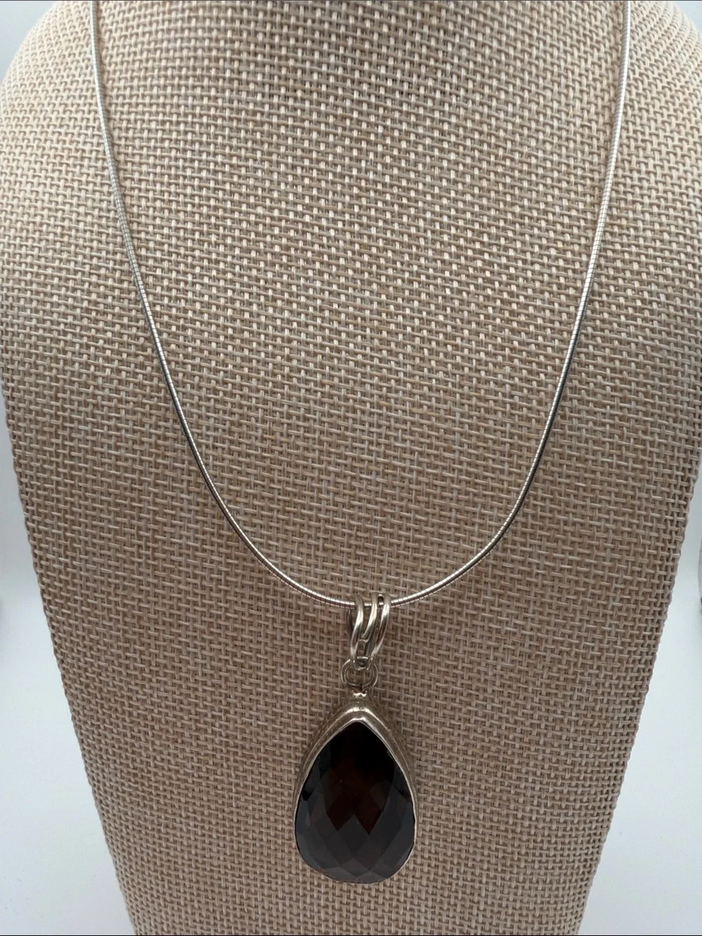 Silver Teardrop Necklace with Brown Faceted Pendant